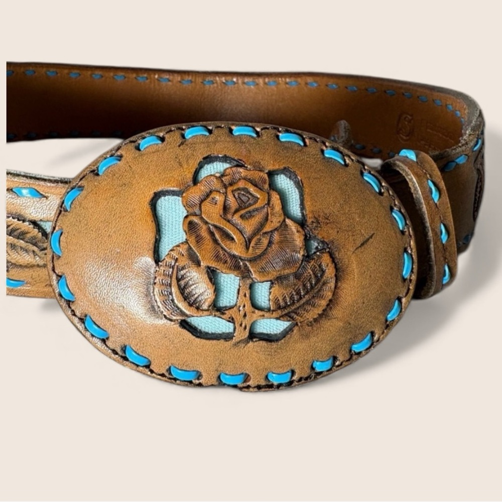 Hand Tooled Leather Belt Brown Leather w removable leather rose 🌹 buckle